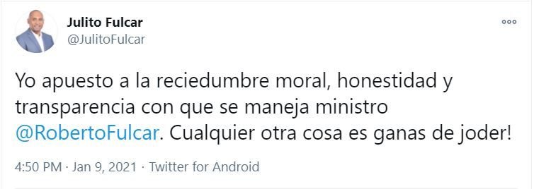 twitter julito fulcar 1 Julito Fulcar defiende a su hermano ante cuestionamientos a compras en Minerd