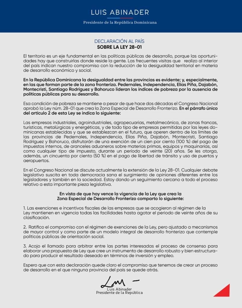 Abinader sobre Ley 28 01 Abinader ratifica el compromiso con el régimen de exenciones de la Ley 28-01