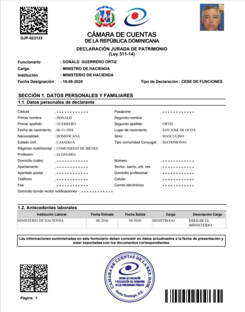 DJP Donald Guerrero 01 Declaración de bienes por la que fue interrogado Donald Guerrero, exministro de Hacienda
