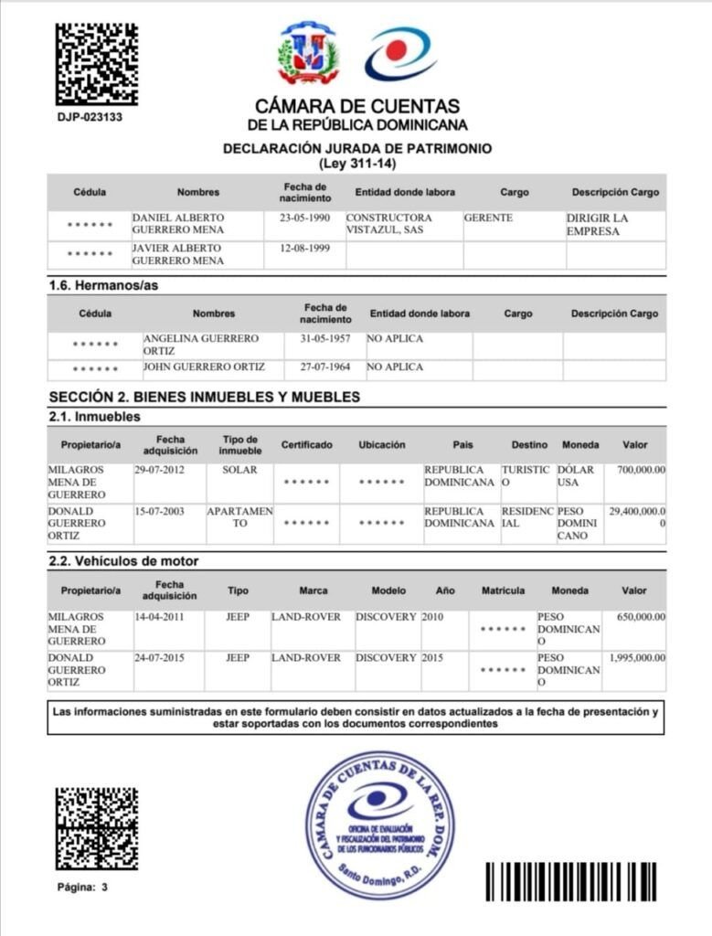 DJP Donald Guerrero 02 Declaración de bienes por la que fue interrogado Donald Guerrero, exministro de Hacienda
