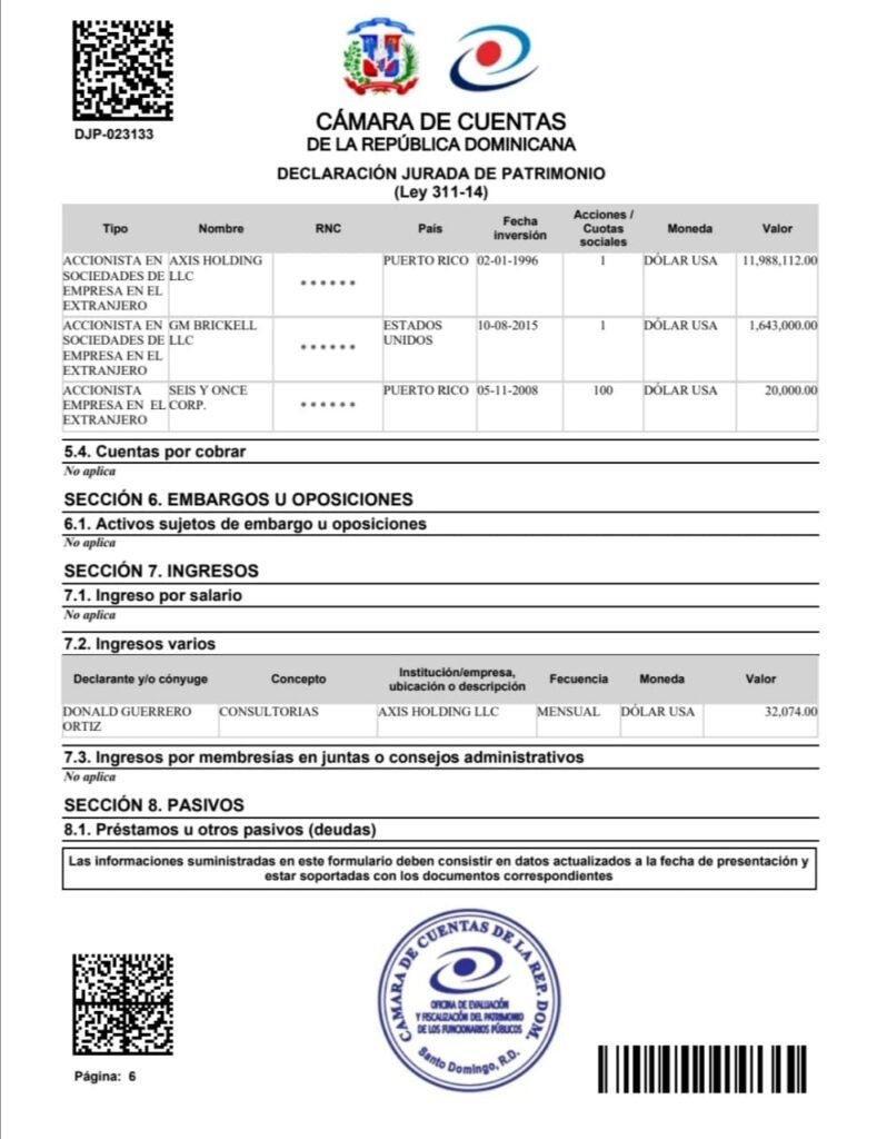 DJP Donald Guerrero 04 Declaración de bienes por la que fue interrogado Donald Guerrero, exministro de Hacienda