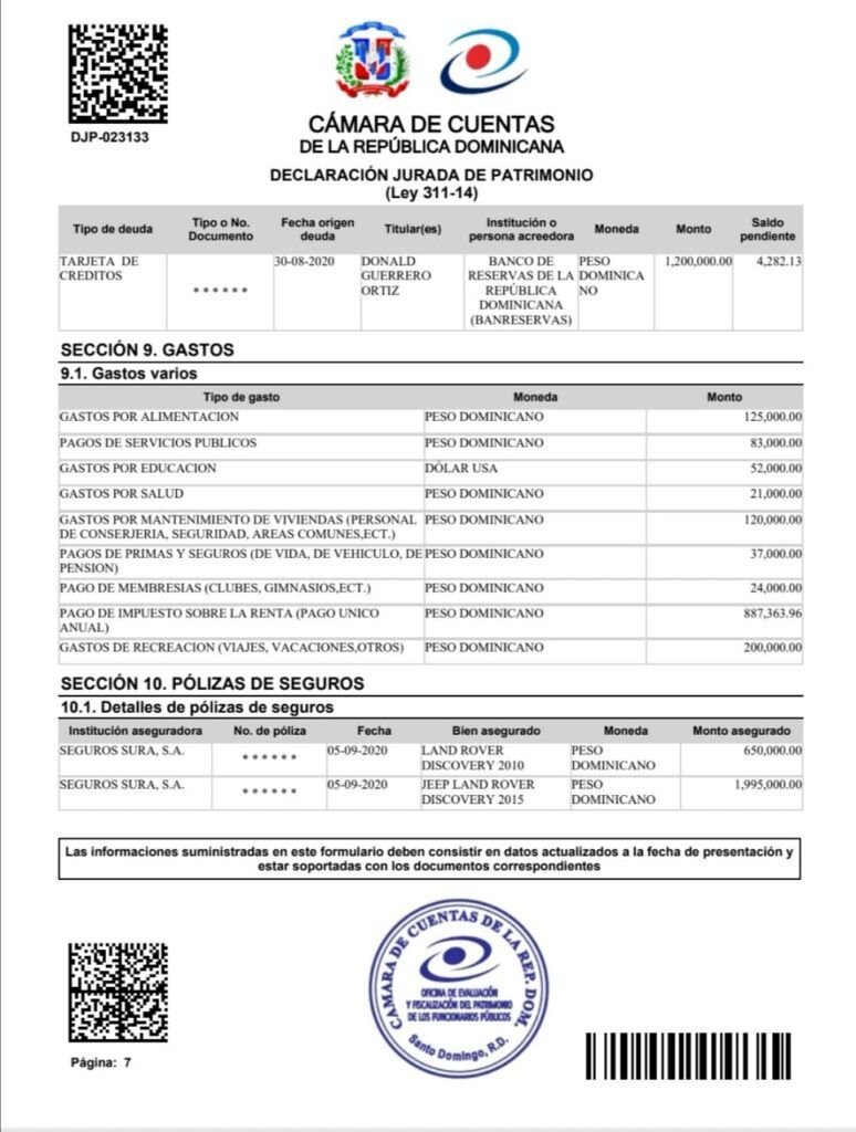 DJP Donald Guerrero 05 Declaración de bienes por la que fue interrogado Donald Guerrero, exministro de Hacienda