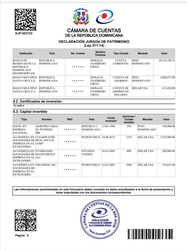DJP Donald Guerrero 06 Declaración de bienes por la que fue interrogado Donald Guerrero, exministro de Hacienda