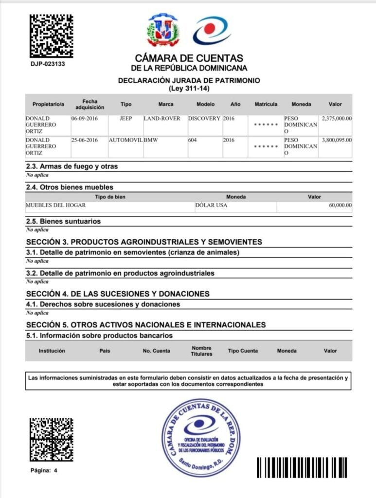DJP Donald Guerrero 07 Declaración de bienes por la que fue interrogado Donald Guerrero, exministro de Hacienda