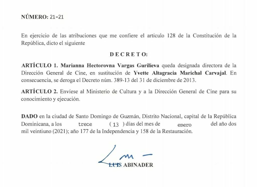 Decreto 21 21 Abinader destituye a Yvette Marichal de DGCine y nombra a Marianna Vargas