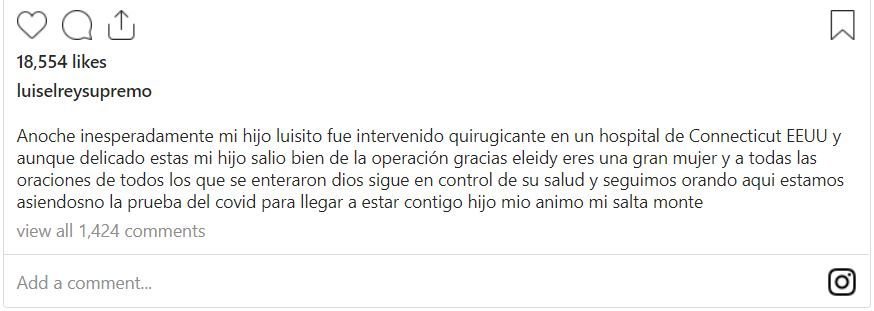 INSTAGRAM Luis Vargas pide cadena oración por su hijo