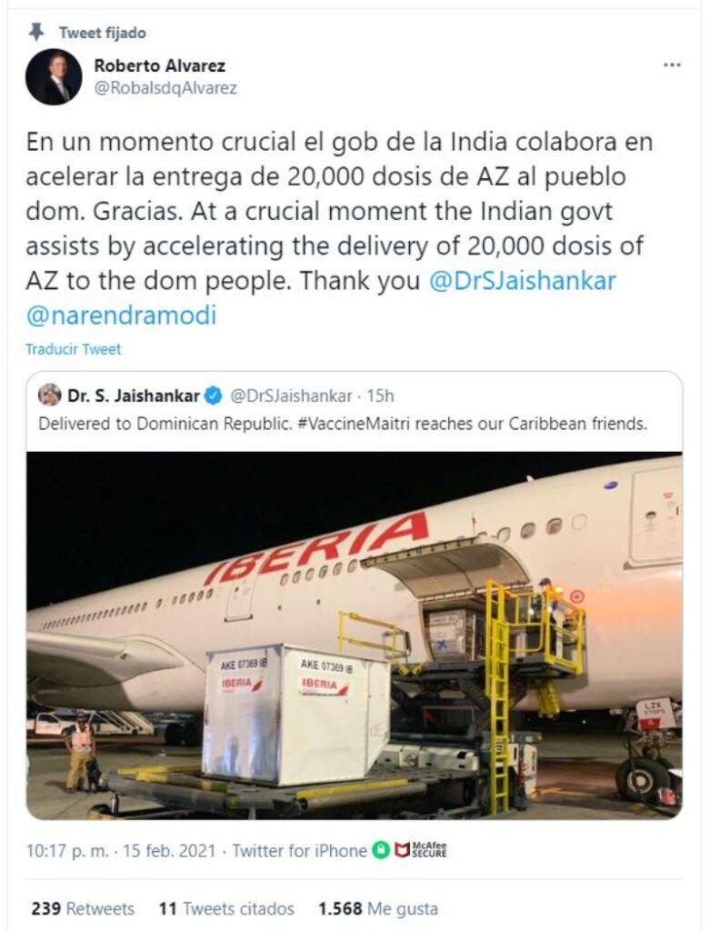 Canciller Roberto Alvarez informa a RD sólo llegaron 20 mil vacunas desde India 3 Roberto Alvarez Twitt 01 Canciller Roberto Alvarez informa a RD sólo llegaron 20 mil vacunas desde India