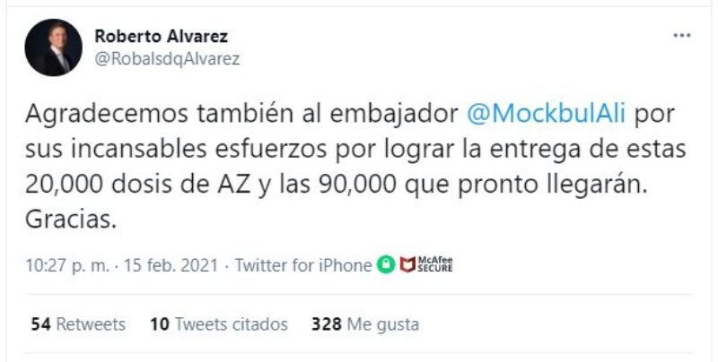 Canciller Roberto Alvarez informa a RD sólo llegaron 20 mil vacunas desde India 4 Roberto Alvarez Twitt 02 Canciller Roberto Alvarez informa a RD sólo llegaron 20 mil vacunas desde India