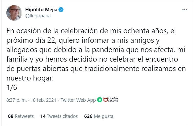 Twitt Hipolito 01 Hipólito Mejía no celebrará su tradicional fiesta de cumpleaños