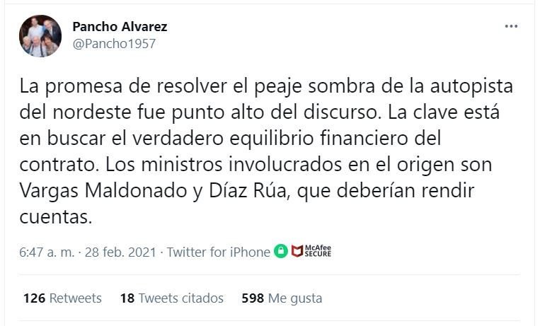 Twitt Pancho Alvarez Afirman Vargas Maldonado y Díaz Rúa deberían rendir cuentas por "peaje sombra"