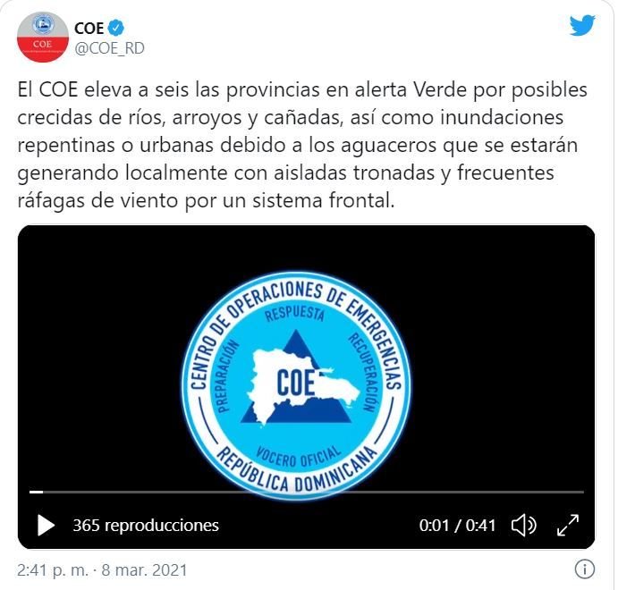 COE 1 Coe eleva a 6 las provincias en alerta verde por lluvias