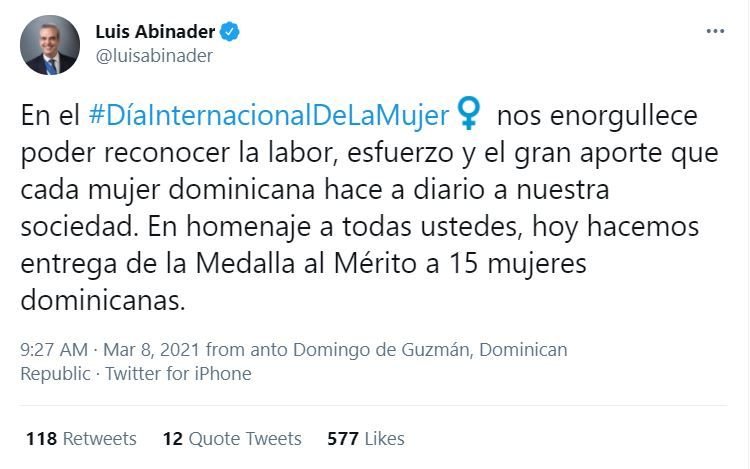 Presidente Abinader reconoce labor de mujer dominicana en su día 3 TWITTER ABINADER 4 Presidente Abinader reconoce labor de mujer dominicana en su día
