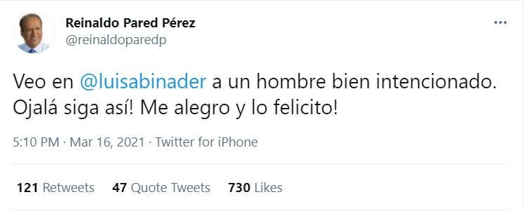 TWITTER REYNALDO PARED 1 Reinaldo Pared elogia a Luis Abinader como un hombre «bien intencionado»