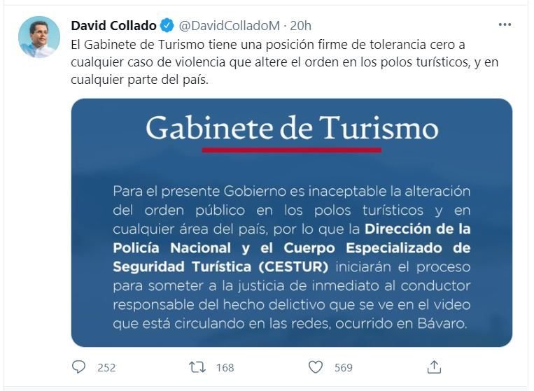 Ministro de Turismo advierte no tolerará actos de violencia que afecten el sector 3 Twitt Collado Ministro de Turismo advierte no tolerará actos de violencia que afecten el sector