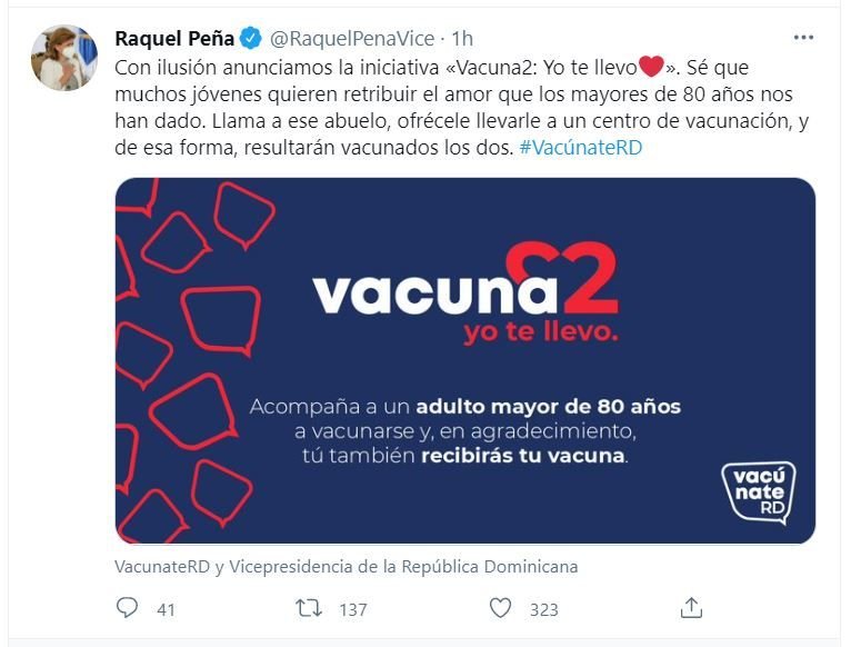 Twitt Raquel Pena 02 Vacunarán también a los jóvenes que movilicen adultos mayores de 80
