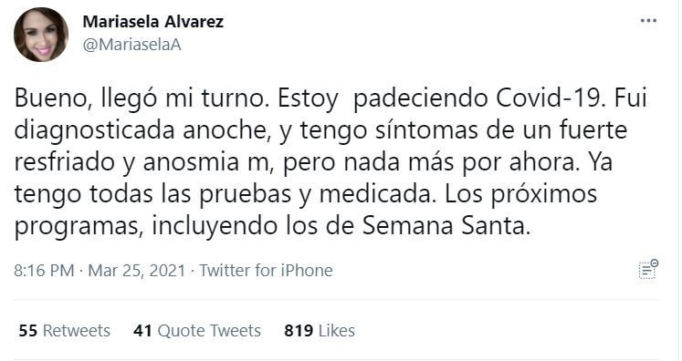 twitter mariasela alvarez Mariasela Álvarez da positivo al Covid-19