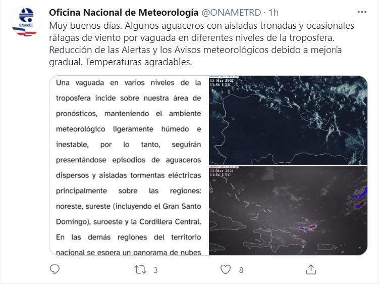 twitter meteorologia Onamet advierte que vaguada producirá algunos aguaceros este sábado