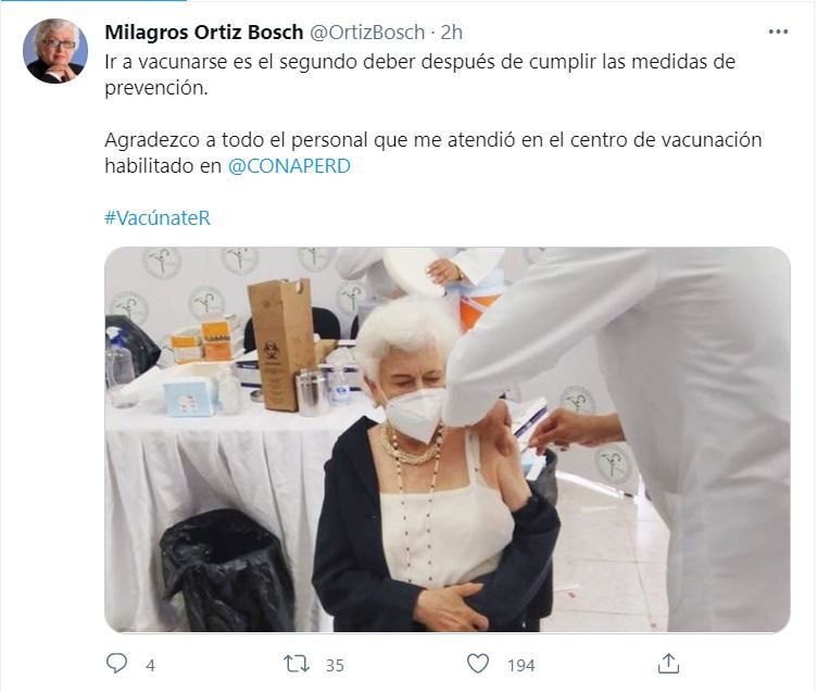 twitter ortiz bosch Milagros Ortiz Bosch se vacuna contra el Covid