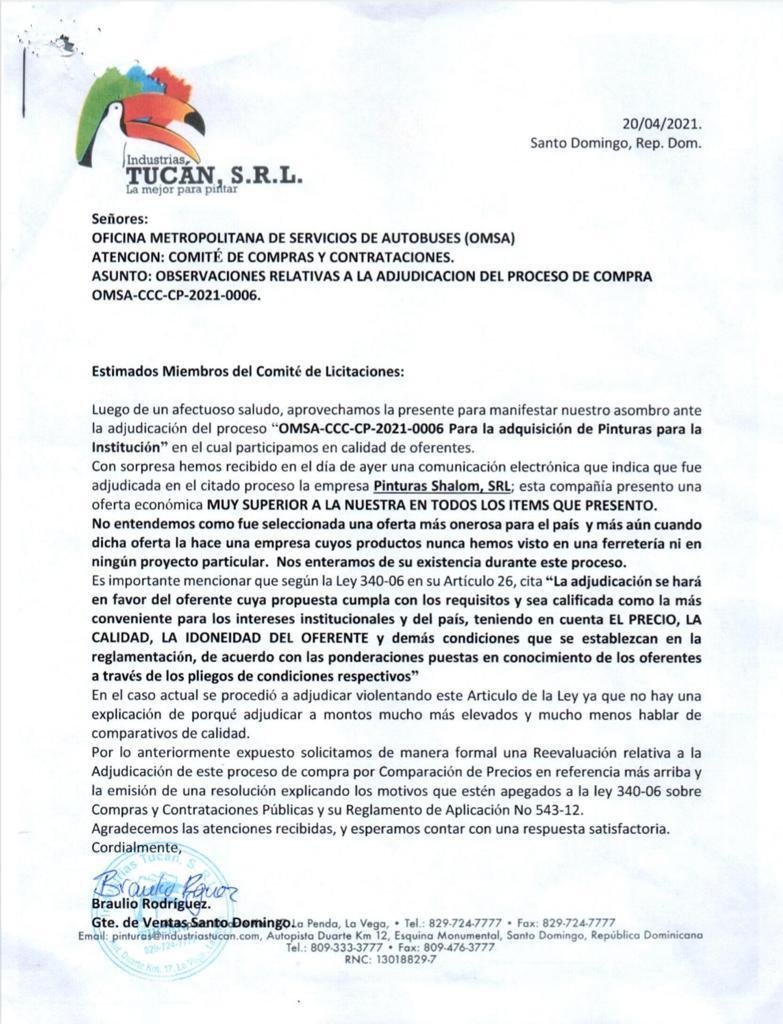 Carta Pinturas Tucan Denuncian irregularidades en proceso de compra de pinturas en la OMSA