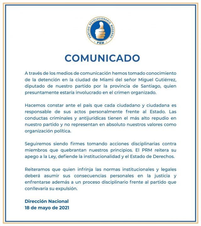 Comunicado PRM Comunicado del PRM: “Cada ciudadano es responsable de sus actos frente al Estado”