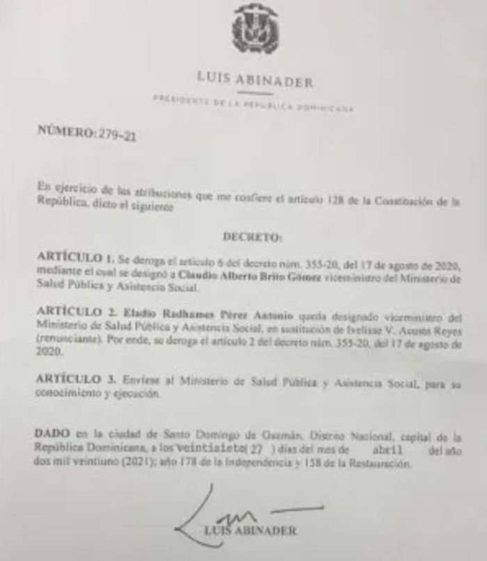 Decreto 279 21 Ivelisse Acosta renuncia como viceministra de Salud Pública; designan a Eladio Pérez