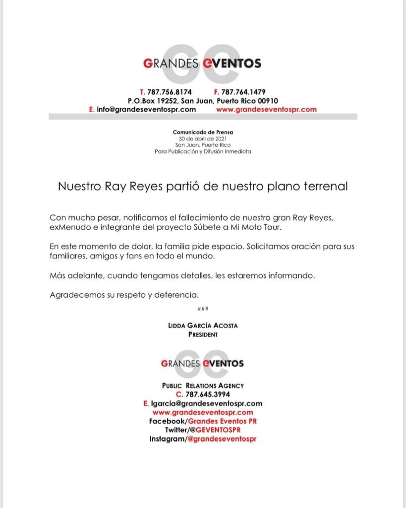 Grandes Eventos Ray Reyes, exintegrante de Menudo, falleció a los 51 años