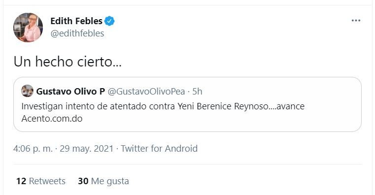 Frustran trama para asesinar a Yeni Berenice; los militares apresados están cooperando 5 Twit Edith Febles Frustran trama para asesinar a Yeni Berenice; los militares apresados están cooperando