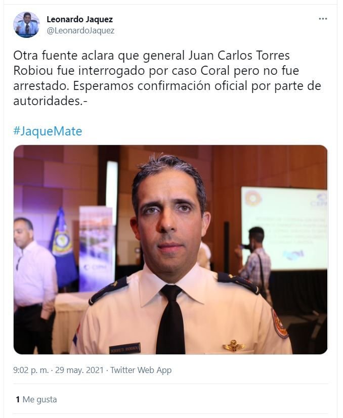 Twitt Leonardo Jaquez 02 Félix Portes: Arrestan al general Torres Robiou por supuesta implicación en caso Coral