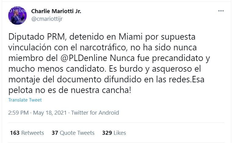 Twitt Mariotti Charlie Mariotti asegura Miguel Gutiérrez nunca ha sido miembro del PLD