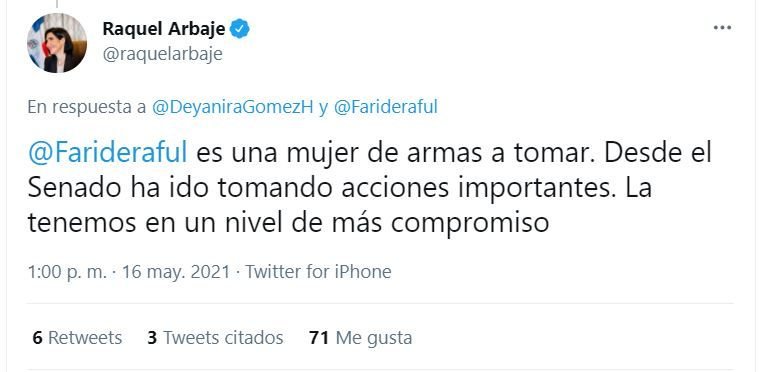 Primera dama defiende a Faride Raful: “es una mujer de armas a tomar” 4 Twitt Raquel responde a Deyanira Primera dama defiende a Faride Raful: “es una mujer de armas a tomar”