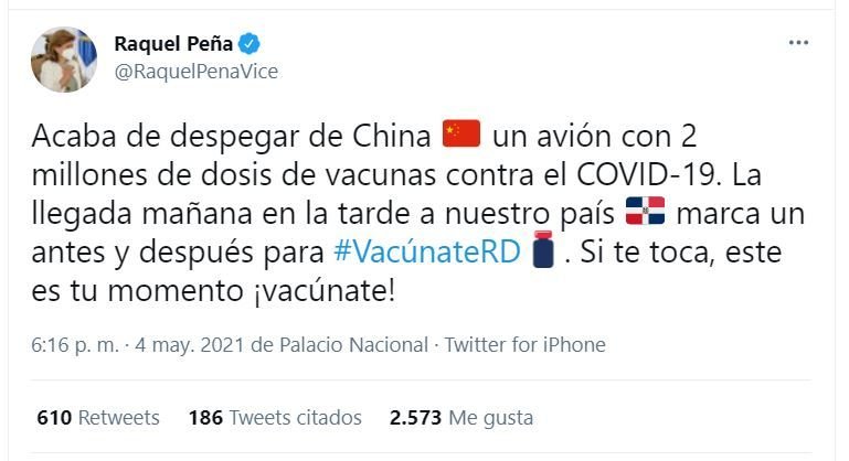 Esta tarde llegan al país dos millones de dosis de vacunas Sinovac desde China 3 Vice Twitt Esta tarde llegan al país dos millones de dosis de vacunas Sinovac desde China