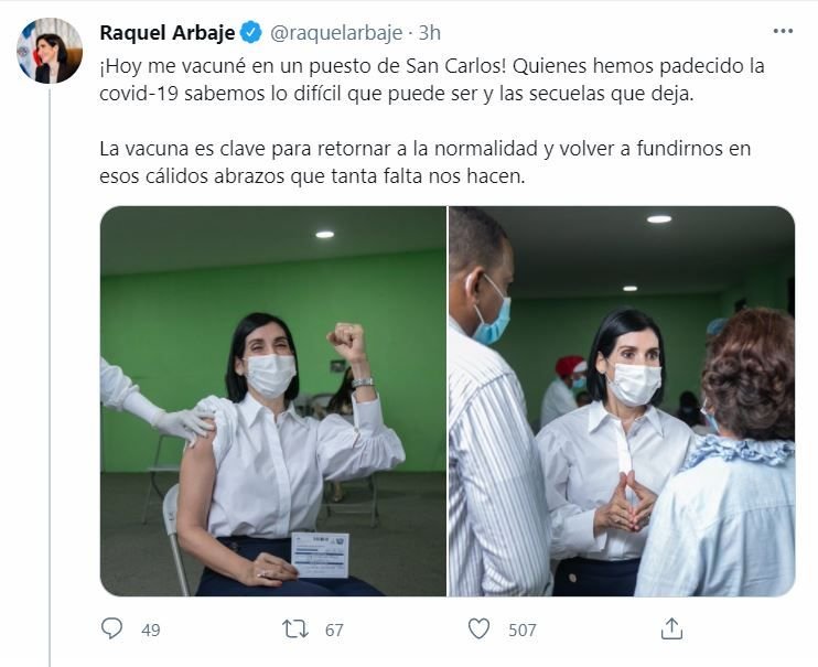 twitter raquel arbaje 2 Primera dama recibe su primera dosis contra la COVID-19