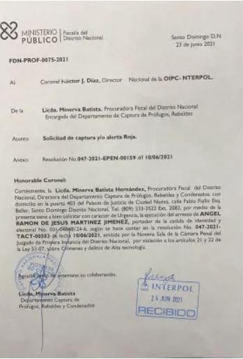 CARTA ANGEL MARTINEZ Ministerio Público solicita a la Interpol captura de investigador Ángel Martínez