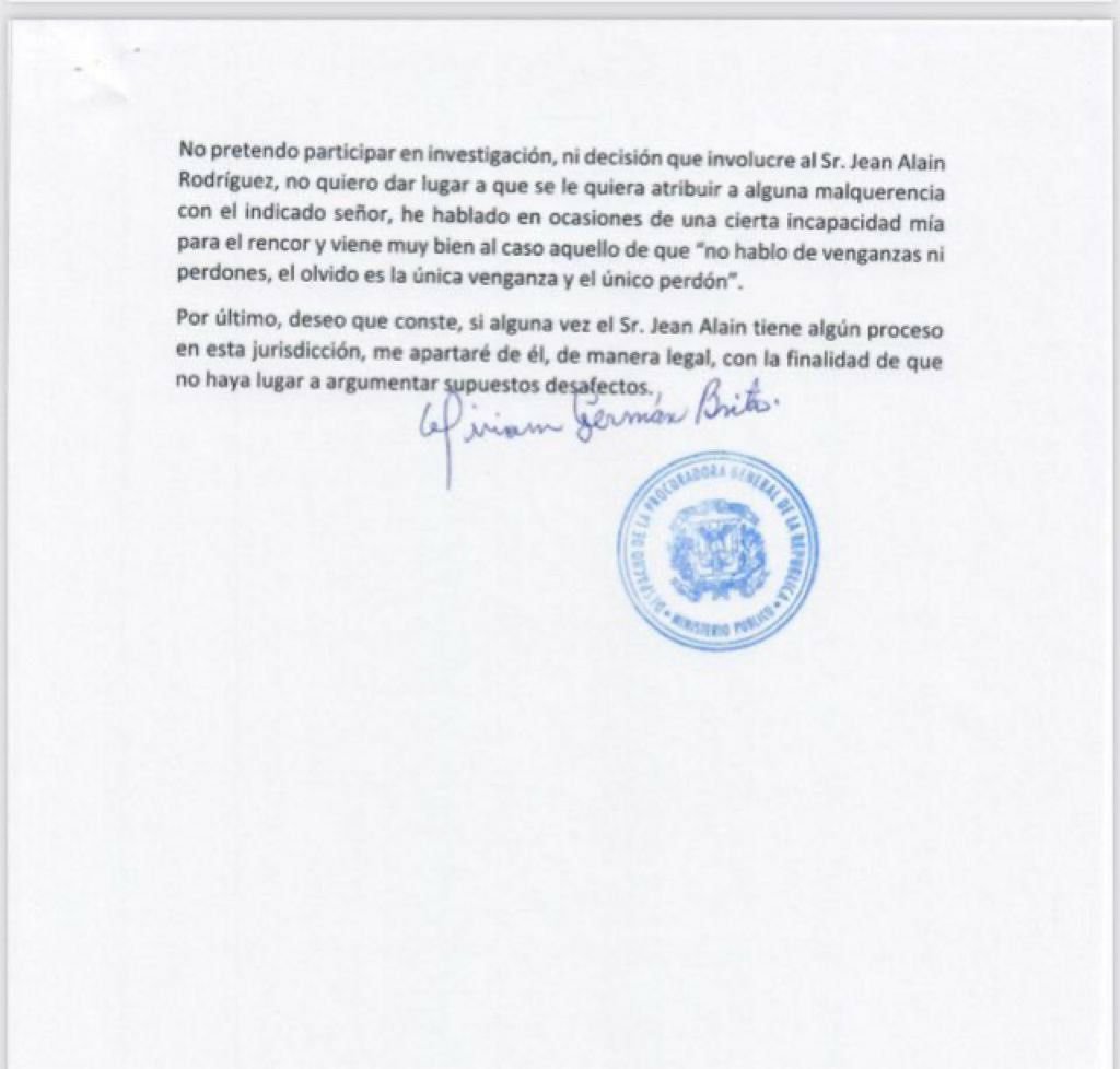 Miriam Germán: "Impedimento a Jean Alain fue ilegal" y habrá "sanciones disciplinarias" 4 Carta Miriam 02 Miriam Germán: "Impedimento a Jean Alain fue ilegal" y habrá "sanciones disciplinarias"