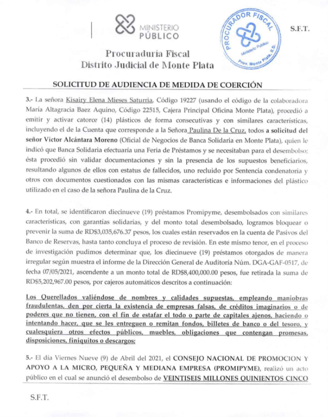 Instancia MP MP Fraude millonario en Promipyme de Monte Plata: Préstamos a personas fallecidas