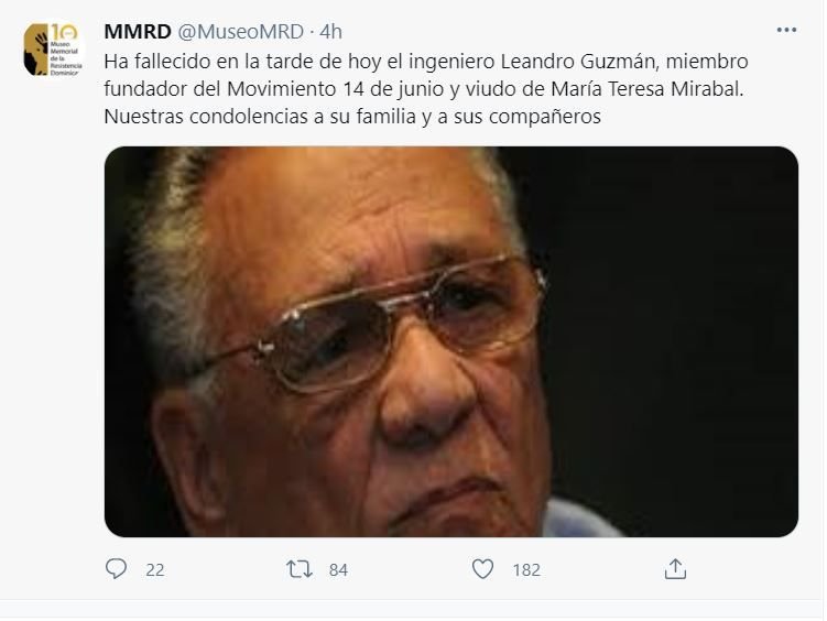 LEANDRO GUZMAN Muere Leandro Guzmán, viudo de María Teresa Mirabal y fundador del 14 de junio