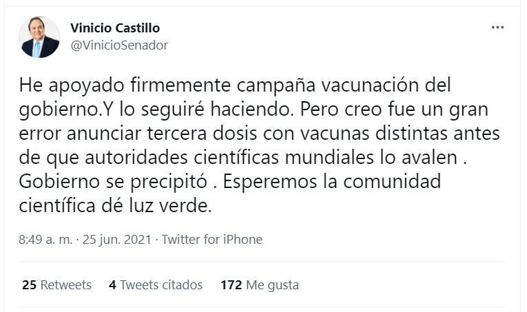 Twit Vinicio Castillo 01 Vinicio Castillo: "Gobierno se precipitó; fue un gran error anunciar tercera dosis"