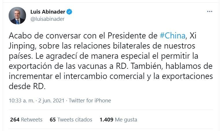 Twitt Abinader Pte Chino Abinader y Xi Jinping hablan sobre incrementar las relaciones comerciales y las vacunas