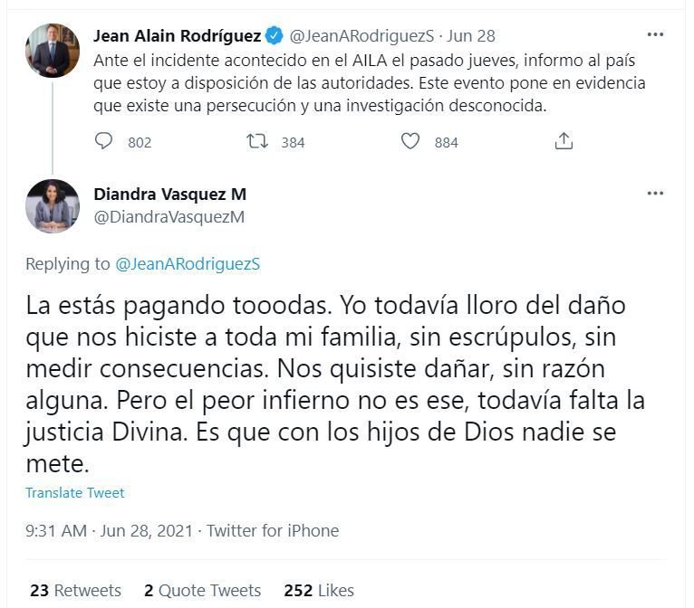 Twitt Diandra Martinez 01 Una hija de Chú Vásquez a Jean Alain: "La estás pagando todas"
