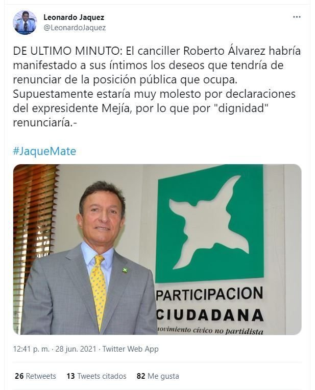 Twitt Leonardo Jaquez 03 Roberto Alvarez renunciaría por "dignidad" ante declaraciones de Hipólito