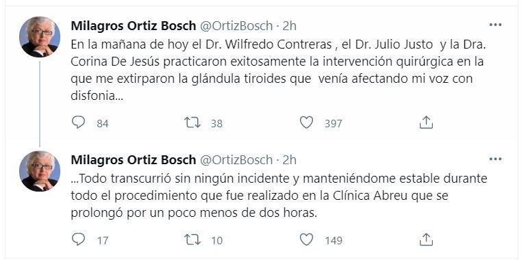Twitt Milagros 02 Le extirpan glándula tiroides a Milagros Ortiz Bosch