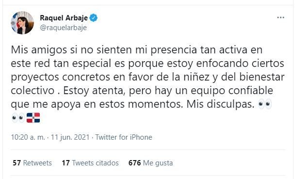 Twitt Raquel ausencia Raquel Arbaje pide disculpas por su ausencia en Twitter y explica las razones