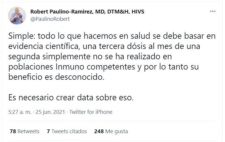 Twitt Robert Paulino Médicos asombrados por tercera dosis anticovid; piden evidencias científicas