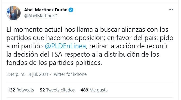 Tweet Abel Martinez 01 Abel Martínez también se opone PLD recurra sentencia declaró FP partido mayoritario