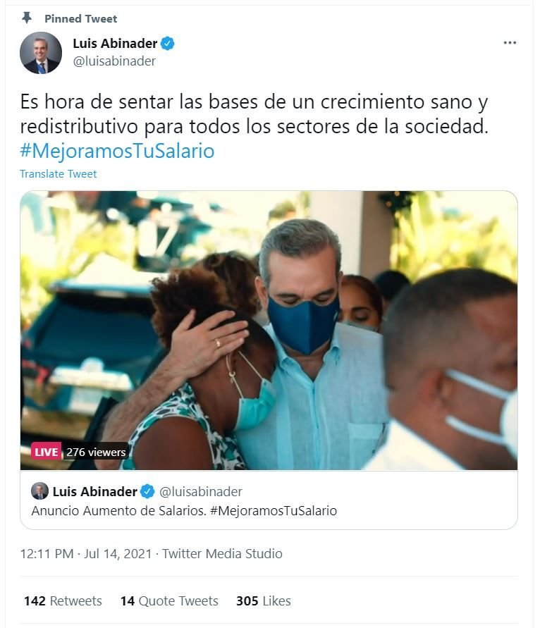 Tweet Abinader 01 Presidente Abinader está en el Ministerio de Trabajo para anunciar aumento salarial