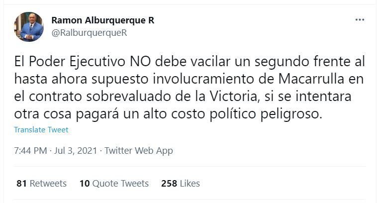 Tweet Alburquerque 02 Alburquerque pide a Milagros Ortiz actuar con Macarrulla como lo hizo con Kimberly y Faña