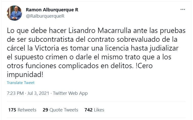 Tweet Alburquerque 03 Alburquerque pide a Milagros Ortiz actuar con Macarrulla como lo hizo con Kimberly y Faña