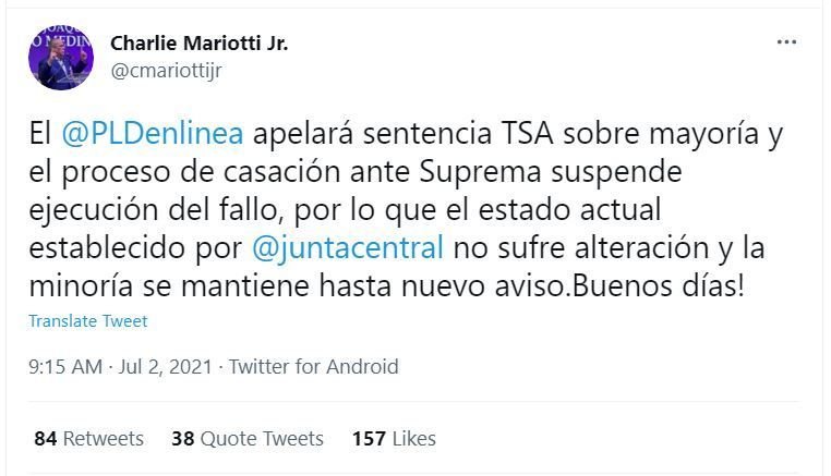 Tweet Charlie Mariotti 01 PLD apelará sentencia TSA que establece a la FP como partido mayoritario