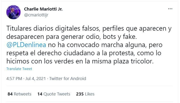 Tweet Charlie Mariotti 02 Mariotti niega el PLD haya convocado protesta contra el toque de queda