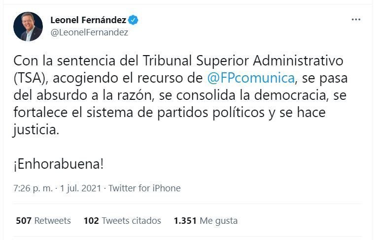 Tweet Leonel 01 Leonel: "Con la sentencia del TSA, se consolida la democracia y se hace justicia"